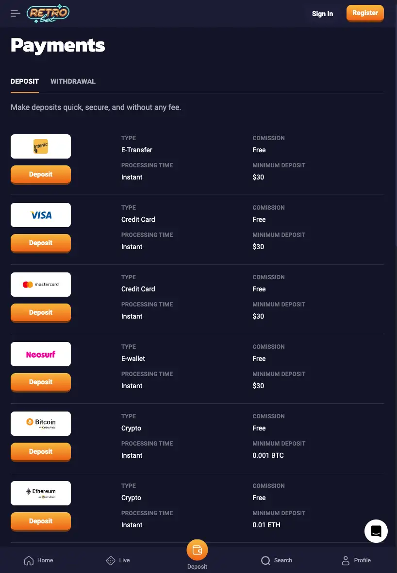 retrobet casino payments